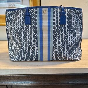 Tory Burch Navy and Cream Patterned Tote